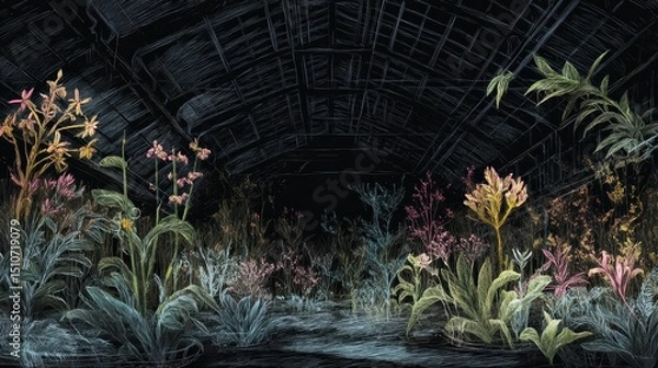Fototapeta Enchanted Indoor Garden with Vibrant Flowers and Dark Background Offering a Unique Artistic Perspective on Nature