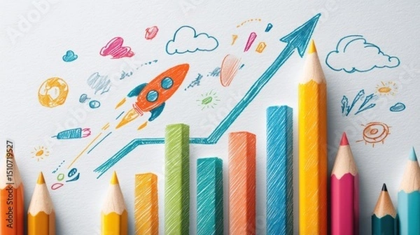 Fototapeta Colorful Graph with Rocket Illustration and Pencils Representing Growth and Success in Business and Finance