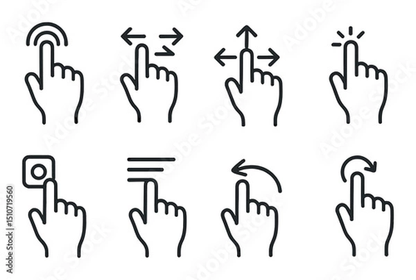 Fototapeta Touchscreen gesture icon set: flat style, hand movements, interface symbols
