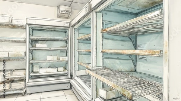 Fototapeta Empty Commercial Refrigeration Unit in Grocery Store with Metal Shelving and Clean Background