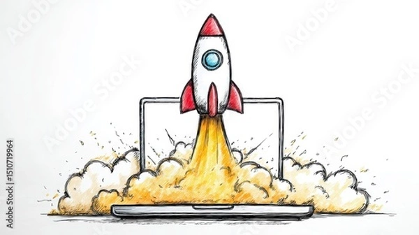 Fototapeta Creative illustration of a rocket launching from a laptop with colorful smoke and dynamic effects to symbolize growth and innovation