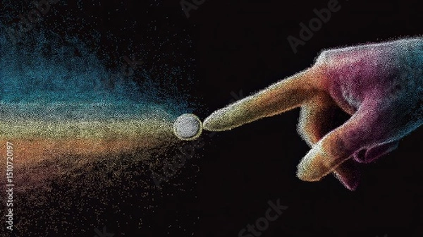 Fototapeta Abstract representation of cosmic connection through human touch with colorful light streaks and a floating sphere