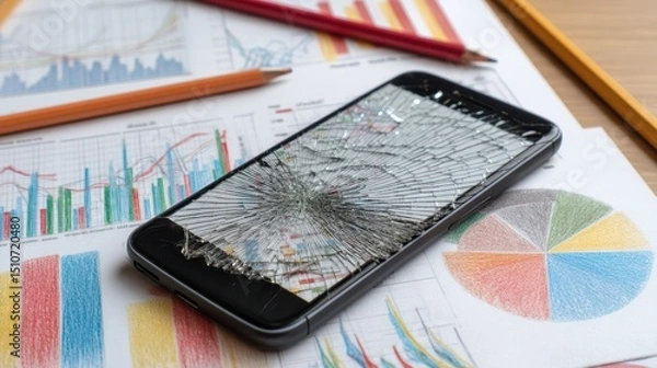 Fototapeta Cracked smartphone screen on top of financial charts and colored pencils, depicting technology and business challenges