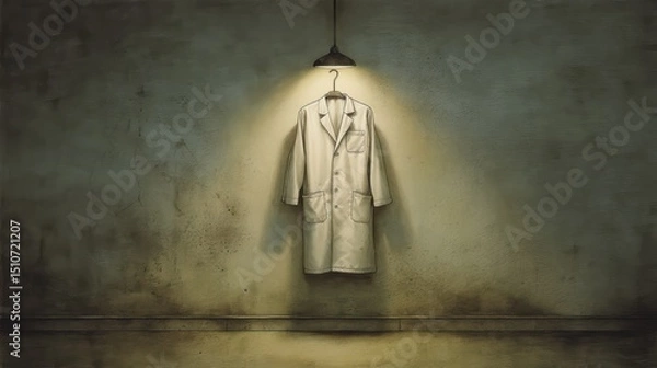 Fototapeta Hanging Lab Coat Under Soft Light in Dimly Lit Room, Symbolizing Science and Research Environment