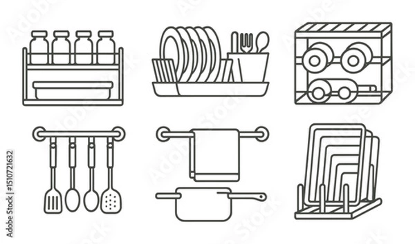 Fototapeta Kitchen storage icon set in linear style. organization and cooking essentials