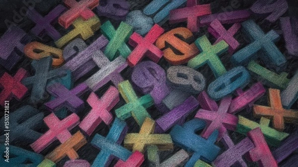Fototapeta Colorful 3D Letters and Symbols on Dark Background Creating a Playful and Artistic Composition