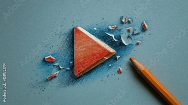 Fototapeta Broken Orange Triangle Shape With Colored Pencil on Light Blue Background and Shattered Pieces Around It