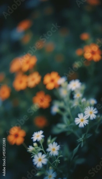 Fototapeta Close-Up of Colorful Flowers with Bokeh – Orange, White, and Blue Petals Against a Dark Blurred Background with Soft Diffused Light