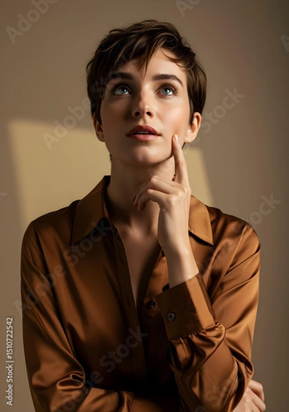 Obraz contemplative expression on stylish woman highlighted by soft natural sunlight

