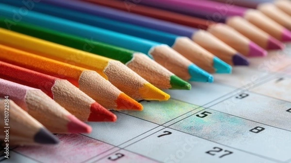 Fototapeta Colorful Crayons Arranged Neatly on a Calendar Page with Vibrant Hues and Soft Textures