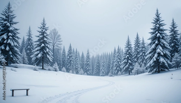 Obraz Serene Winter Wonderland Snow Covered Pine Trees Forest Landscape with Bench
