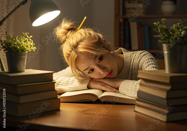 Obraz exhausted student resting on open book during late night study session

