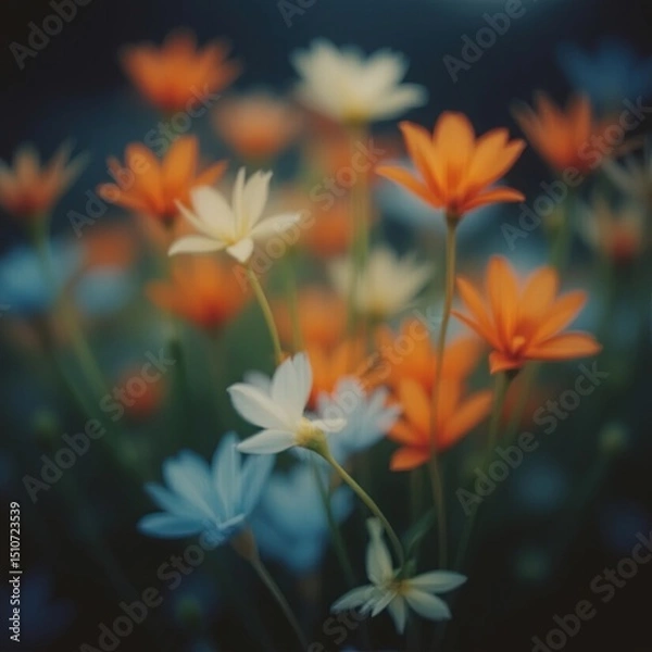Fototapeta Close-Up of Colorful Flowers with Bokeh – Orange, White, and Blue Petals Against a Dark Blurred Background with Soft Diffused Light