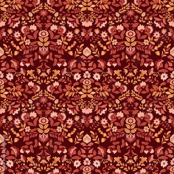 Obraz Seamless vector pattern with bright abstract flowers in folk art style on a clean white background. Colorful and decorative design perfect for textiles, wrapping paper, wallpaper, and crafts.