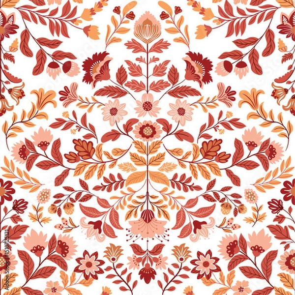 Obraz Seamless vector pattern with bright abstract flowers in folk art style on a clean white background. Colorful and decorative design perfect for textiles, wrapping paper, wallpaper, and crafts.