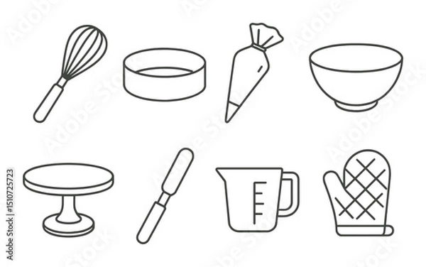 Fototapeta Cake baking essentials icon set in linear style. pastry and dessert prep tools