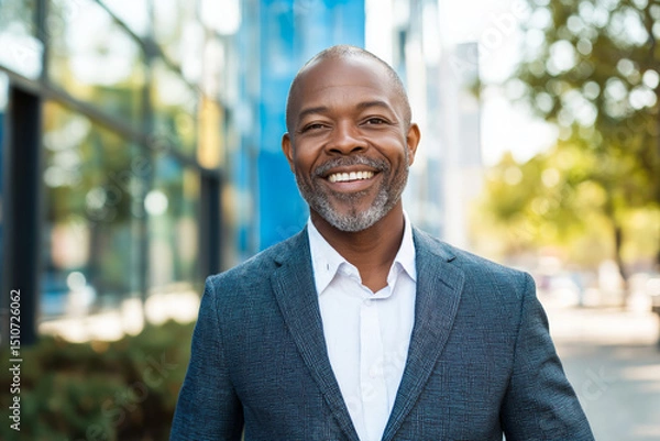 Fototapeta Portrait of joyful confident businessman in city settings