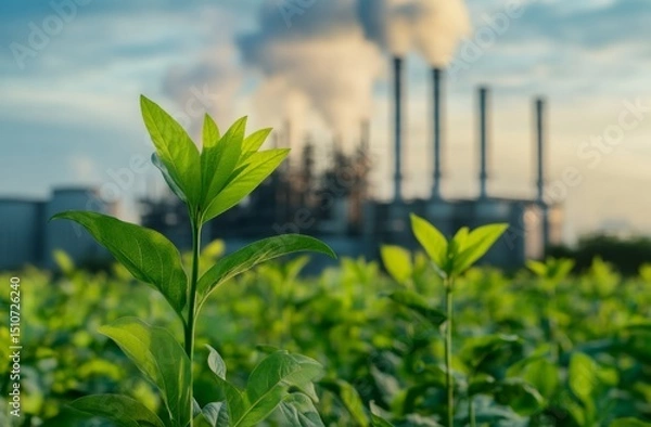 Obraz A green, leafy plant in the foreground with an industrial power station or oil factory in the background, symbolizing environmentally friendly technology and sustainable energy.