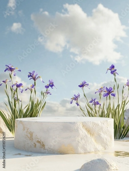 Fototapeta A white pedestal with a stone base and a large purple flower arrangement in front of it. The flowers are in full bloom and the sky is blue with some clouds. Concept of serenity and beauty
