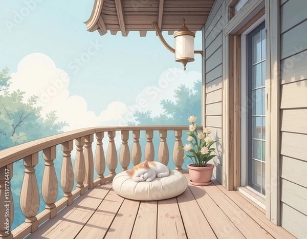 Fototapeta A Fluffy White Cat Relaxes On a Soft Pillow, Peaceful Atmosphere