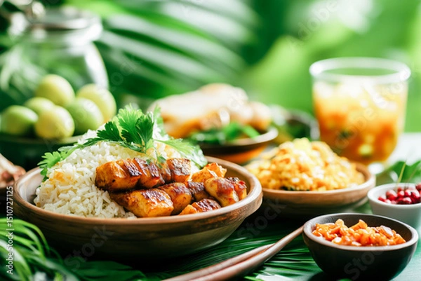 Fototapeta Rice and grilled chicken meat in plate on background of green tropical leaves