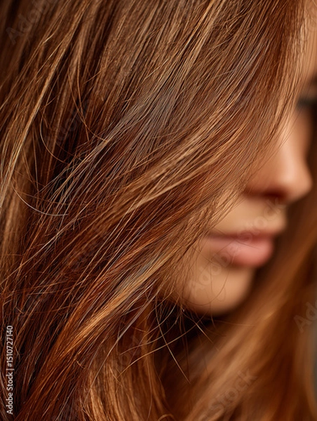 Fototapeta A woman with long brown hair is shown with a close up of her face. The hair is styled with a lot of texture and volume, giving it a unique and eye-catching appearance. Scene is one of confidence
