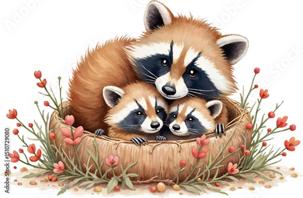 Obraz Raccoon family in a cozy nest showcasing warmth and happiness amidst soft colors for Family Day themes, kids illustration