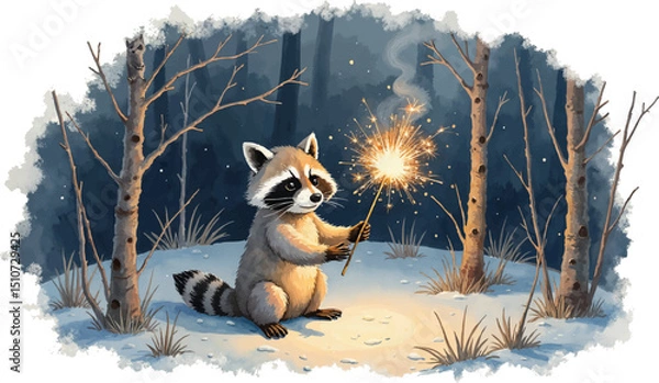 Obraz Raccoon holds sparkler amid a serene nighttime forest in watercolor style illustrating festive celebration, kids illustration
