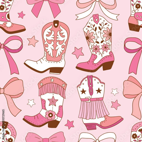 Fototapeta Seamless vector pattern with western cowgirl boots and bows. Hand drawn girly rodeo background. EPS 10 vector file. Perfect for textile, wallpaper or nursery print design.