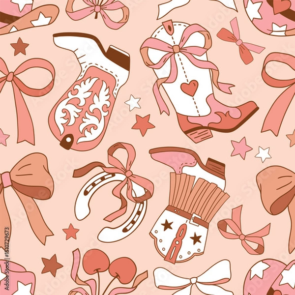 Fototapeta Seamless vector pattern with western cowgirl boots and bows. Hand drawn girly rodeo background. EPS 10 vector file. Perfect for textile, wallpaper or nursery print design.