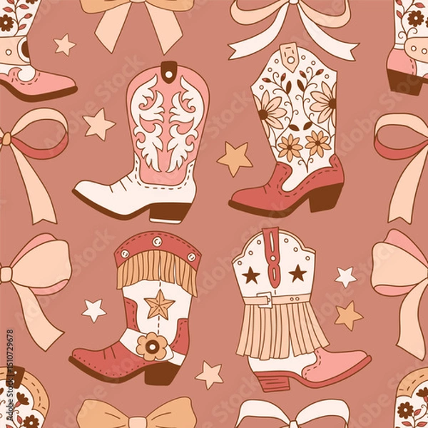 Fototapeta Seamless vector pattern with western cowgirl boots and bows. Hand drawn girly rodeo background. EPS 10 vector file. Perfect for textile, wallpaper or nursery print design.
