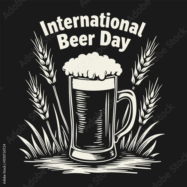 Fototapeta Black and white flat vector illustration of a beer mug with barley ears and the text "International Beer Day". Bold silhouette style, perfect for posters, labels, and celebration graphics.