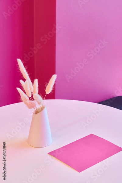 Fototapeta Elegant table arrangement on a soft pink background with a minimalist vase for style