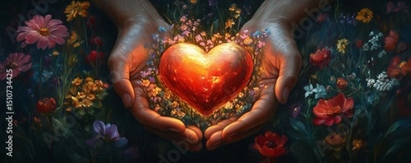 Fototapeta Pair of hands cradling a glowing heart, surrounded by vibrant, blooming flowers.