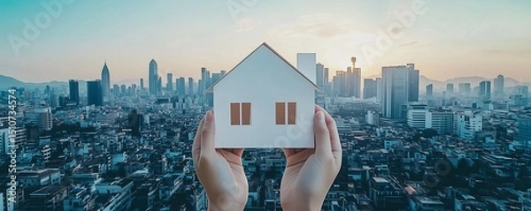 Fototapeta Hands holding paper house amidst a cityscape. Urban life and the idea of home within the city.