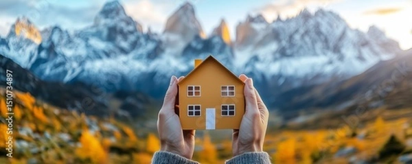 Fototapeta Hands holding a paper house in front of a snow mountain range.