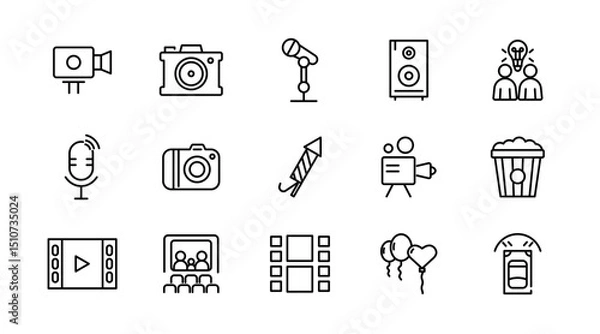 Fototapeta Show linear icon set. Performance, exhibition, theater, philharmonic, entertainment, spotlight, ticket, magician, concert, contest, talent, and magic outline icon collection. UI thin vector icon pack