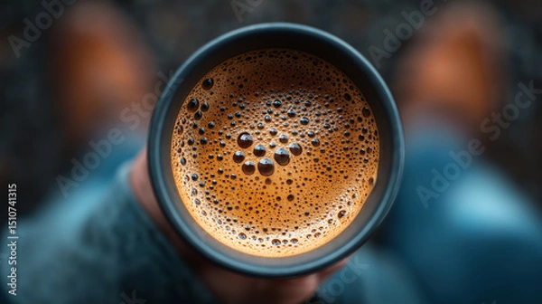 Fototapeta Kaffeetasse von oben fotografiert zeigt cremigen Milchschaum mit Kaffeebohnen