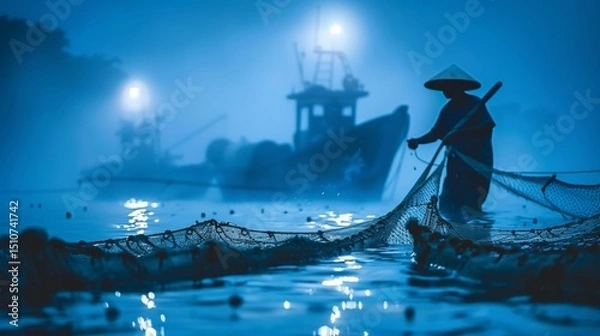 Fototapeta Serene early morning fishing scene  fisherman casting net with silhouette and boat in background