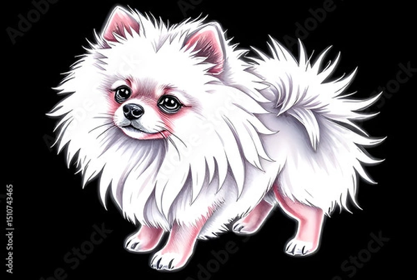 Fototapeta Adorable artistic illustration of a fluffy white Pomeranian dog with expressive eyes and soft fur