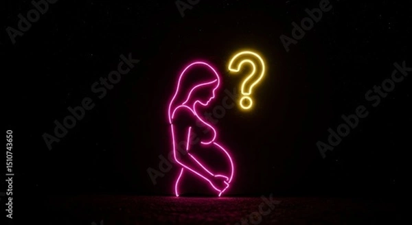 Fototapeta Neon artwork depicting a pregnant woman, subtly illuminated against a dark background, with a question mark beside her