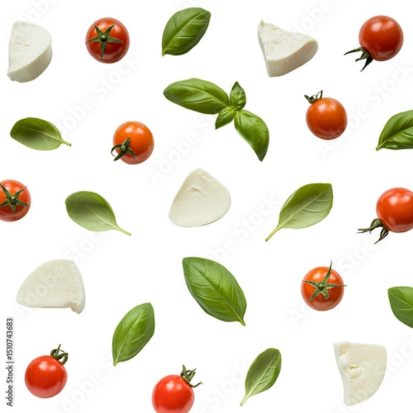 Obraz Fresh Mozzarella Cheese Slices Tomatoes Basil Leaves Black Background Food Pattern