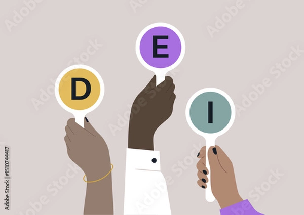 Obraz Hands of diverse individuals proudly hold up colorful signs displaying DEI, symbolizing a commitment to fostering inclusion in workplaces and communities during a workshop