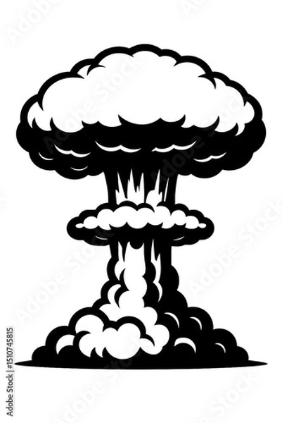 Fototapeta Monochrome vector illustration of a nuclear explosion mushroom cloud, ideal for themes of destruction, power, or war.
