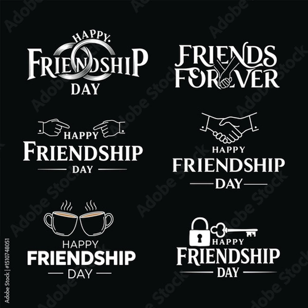 Fototapeta Friendship Day Typography Badge Bundle | Handshake, Coffee & Icon-Based Designs  with black background .
