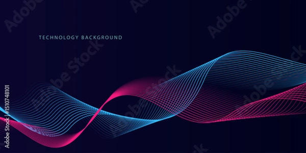 Fototapeta Abstract glowing wave lines on dark blue background. Dynamic wave pattern. Modern flowing wavy lines. Futuristic technology concept. Suit for banner, poster, cover, brochure, flyer, website