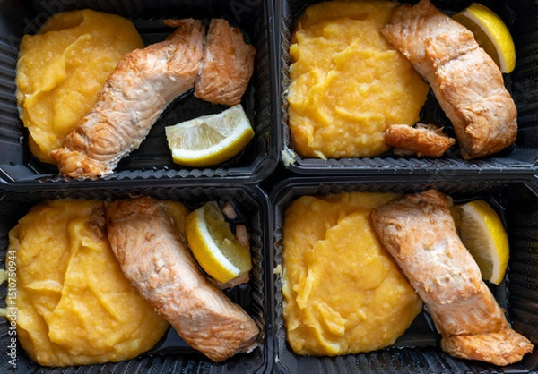 Fototapeta 4 Portions Salmon With Vegetable Puree and Lemon