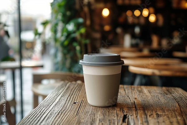 Obraz Warm coffee cup on a rustic wooden table in a cozy cafe setting Generative AI