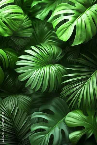 Fototapeta close-up view of various green tropical leaves, including monstera and palm leaves