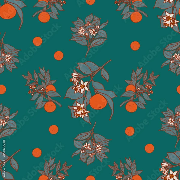 Fototapeta Summer orange fruits botanical pattern. Emerald green garden nature wallpaper. Folk orchard print. Provence bohemian illustration. Mediterranean oranges background